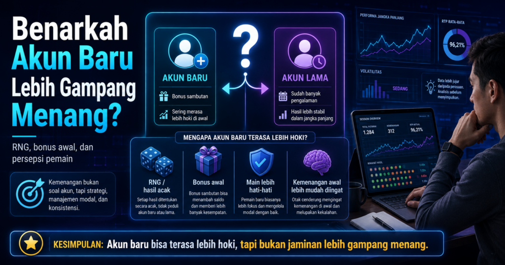 Ilustrasi perbandingan akun baru dan akun lama serta faktor RNG, bonus awal, dan persepsi pemain terhadap peluang menang
