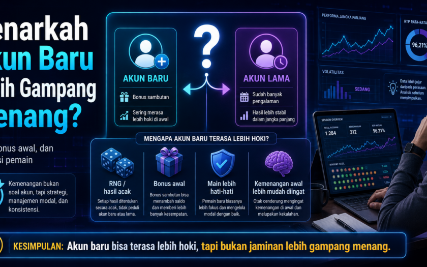 Ilustrasi perbandingan akun baru dan akun lama serta faktor RNG, bonus awal, dan persepsi pemain terhadap peluang menang